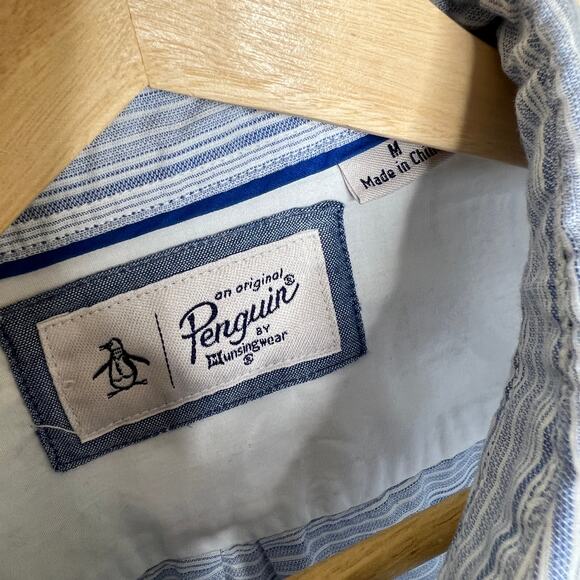 Original Penguin Light Blue Stripe Long Sleeve Woven Button Up Medium - Picture 2 of 9